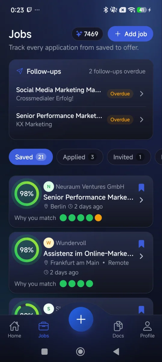 JobScalr job list with match scores